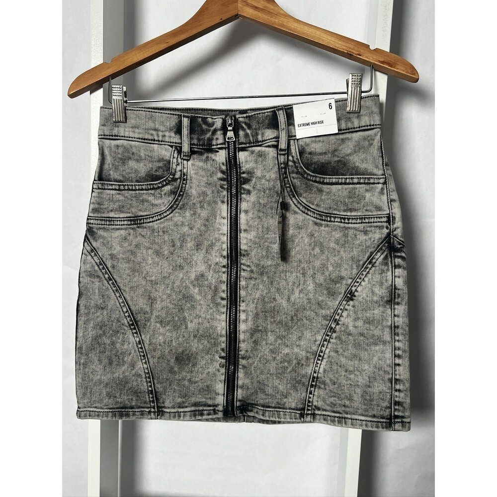Express Mini Skirt Denim Black Wash Distressed High Rise Stretch Y2K Women 6 NEW - Picture 15 of 15